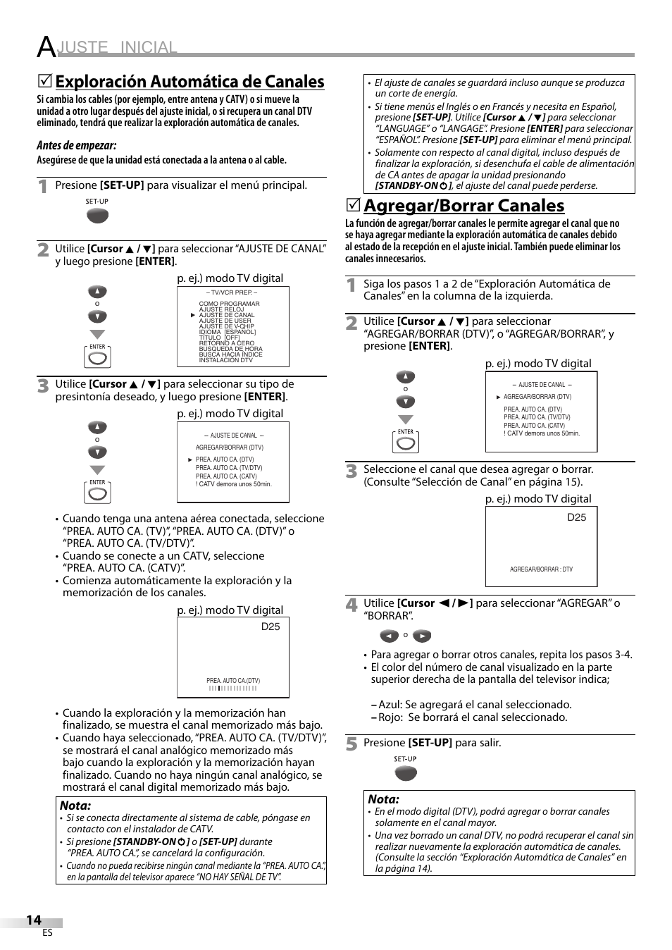 Juste inicial, Exploración automática de canales, Agregar/borrar canales | Philips Magnavox CT270MW8 A User Manual | Page 74 / 111