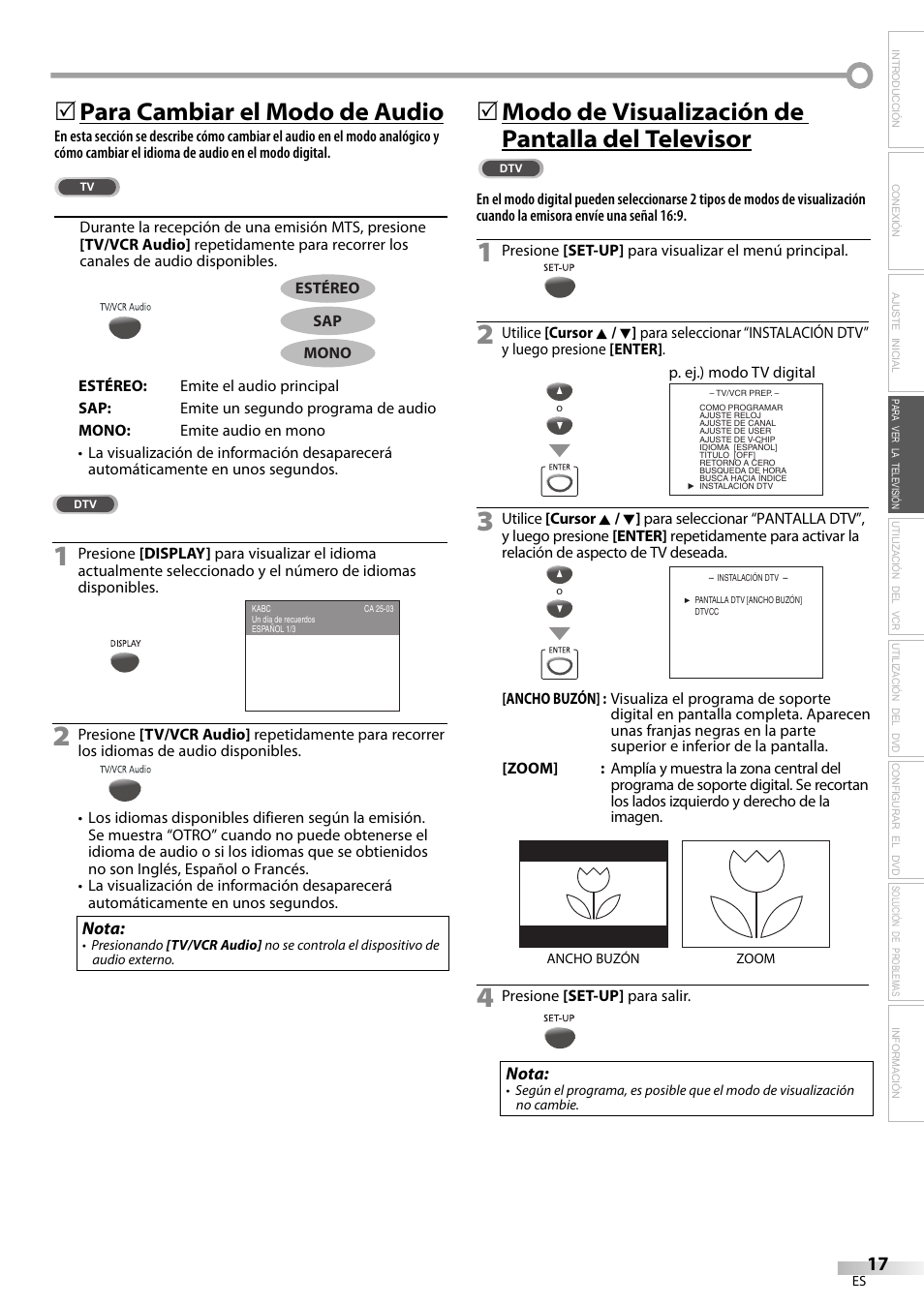 Para cambiar el modo de audio, Modo de visualización de pantalla del televisor | Philips Magnavox CT270MW8 A User Manual | Page 77 / 111
