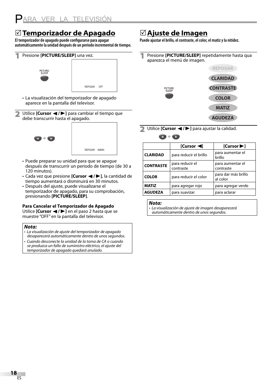 Ara ver la televisión, Temporizador de apagado, Ajuste de imagen | Philips Magnavox CT270MW8 A User Manual | Page 78 / 111