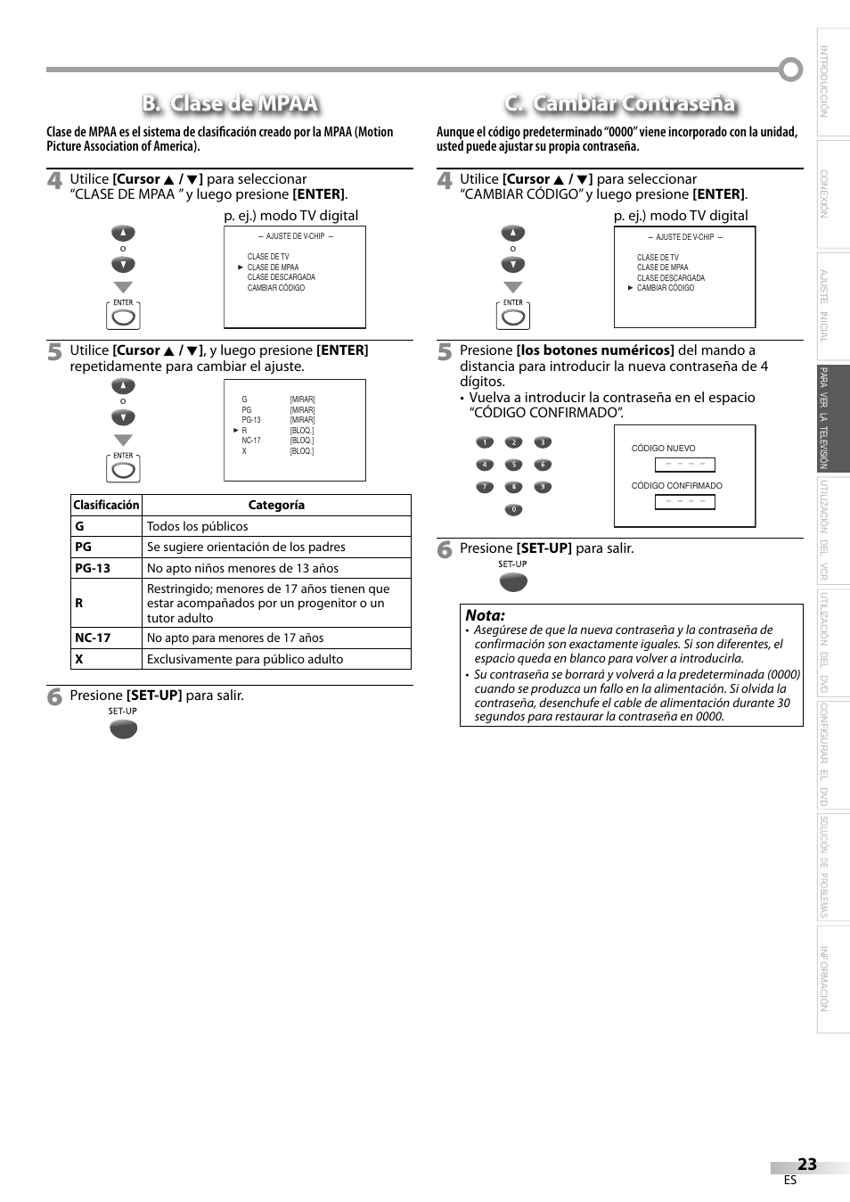 B. clase de mpaa, C. cambiar contraseña | Philips Magnavox CT270MW8 A User Manual | Page 83 / 111