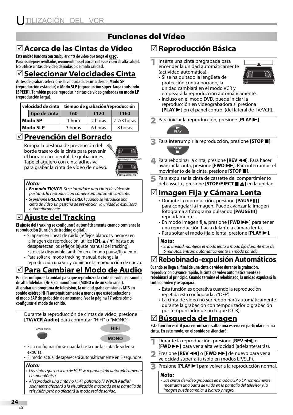Tilización del vcr, Acerca de las cintas de vídeo, Seleccionar velocidades cinta | Prevención del borrado, Ajuste del tracking, Para cambiar el modo de audio, Reproducción básica, Imagen fija y cámara lenta, Rebobinado-expulsión automáticos, Búsqueda de imagen | Philips Magnavox CT270MW8 A User Manual | Page 84 / 111
