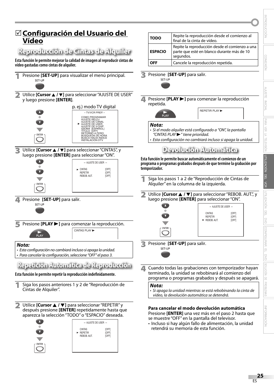 Repetición automática de reproducción, Devolución automática | Philips Magnavox CT270MW8 A User Manual | Page 85 / 111