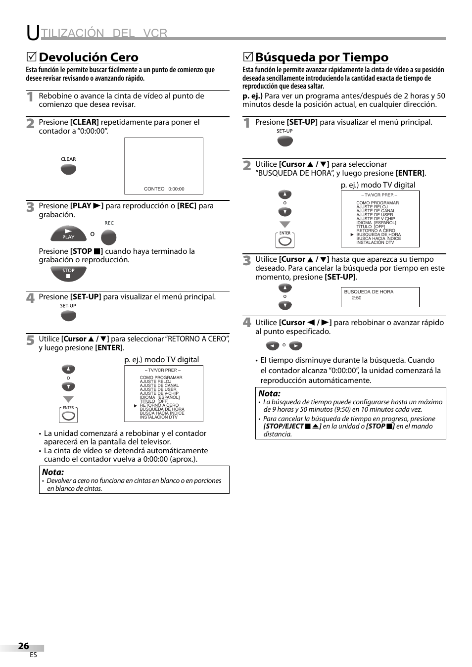 Tilización del vcr, Devolución cero, Búsqueda por tiempo | Philips Magnavox CT270MW8 A User Manual | Page 86 / 111