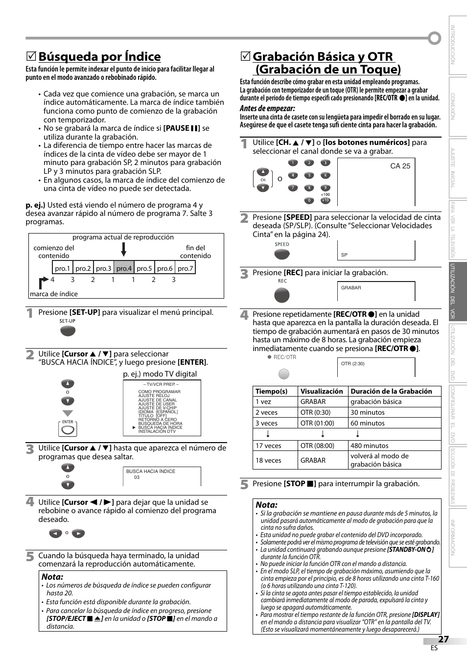 Búsqueda por índice, Grabación básica y otr (grabación de un toque) | Philips Magnavox CT270MW8 A User Manual | Page 87 / 111