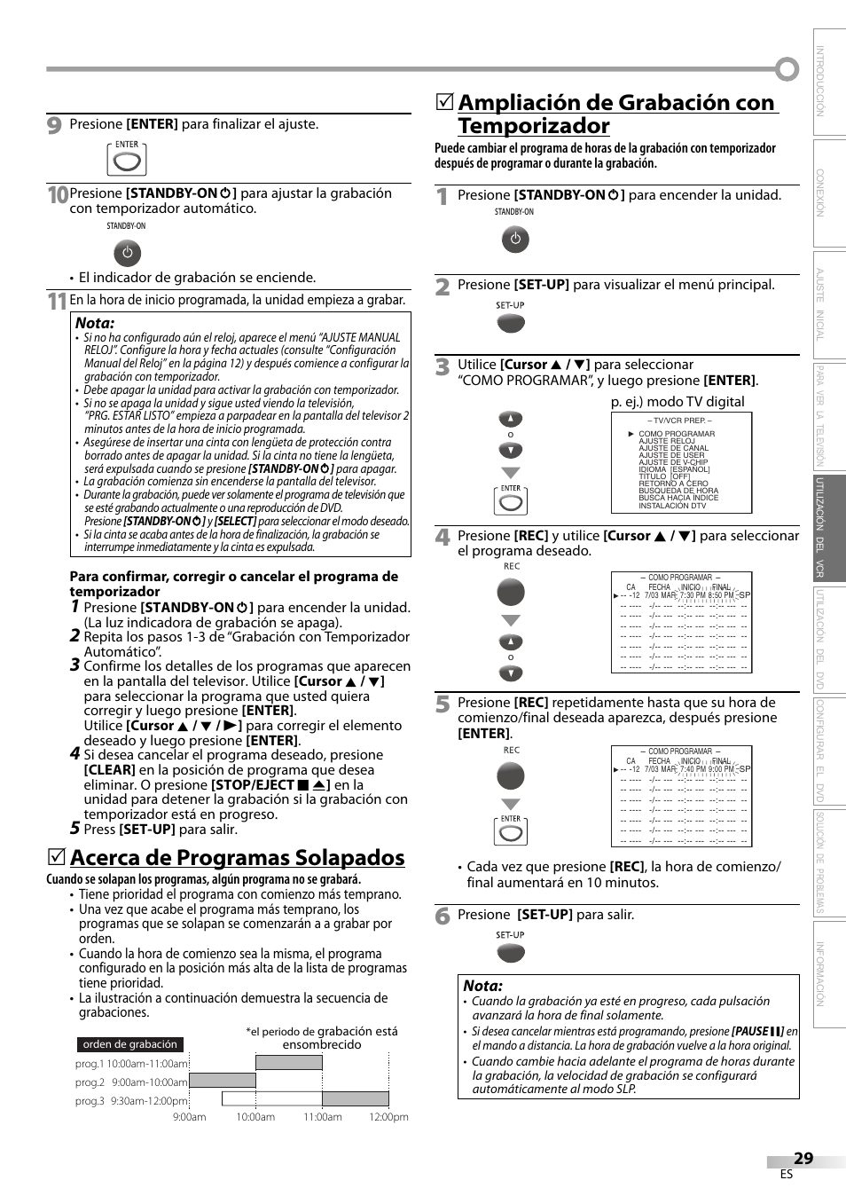 Acerca de programas solapados, Ampliación de grabación con temporizador | Philips Magnavox CT270MW8 A User Manual | Page 89 / 111