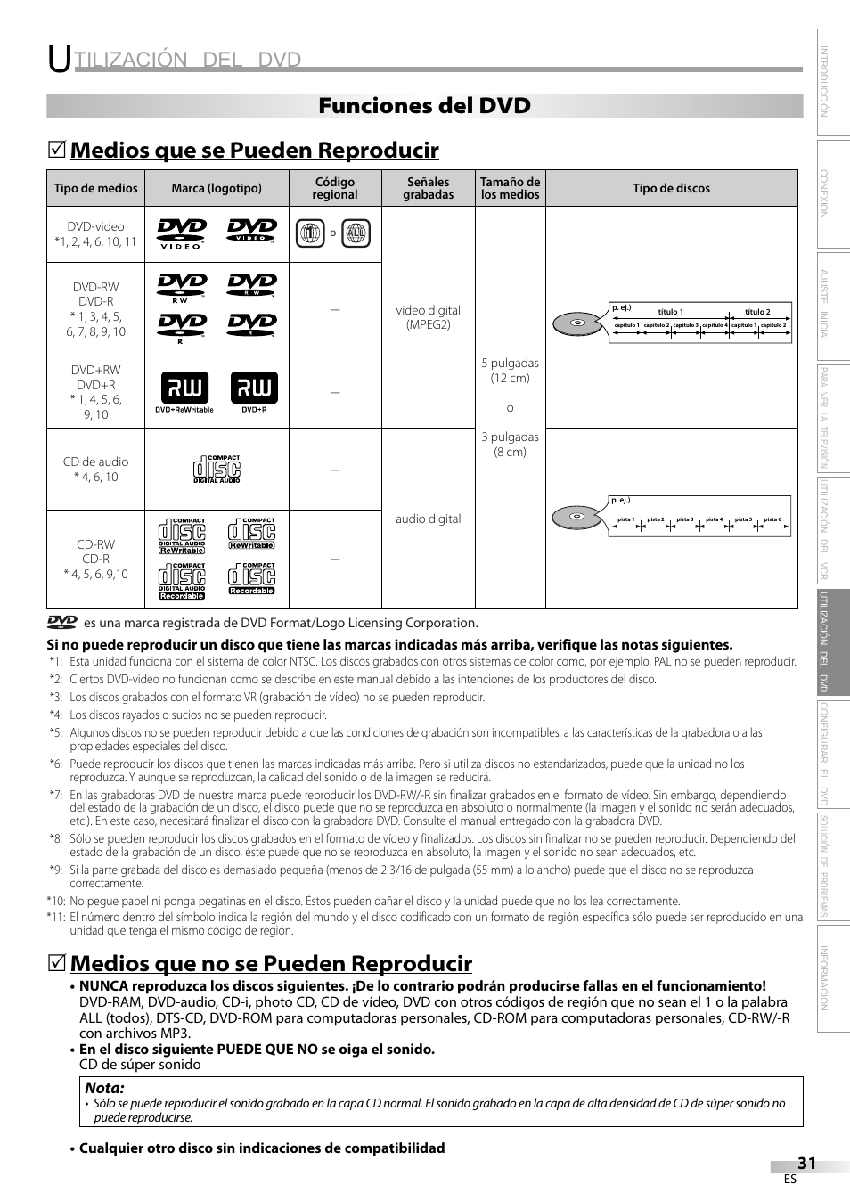 Tilización del dvd, Medios que se pueden reproducir, Medios que no se pueden reproducir | Funciones del dvd | Philips Magnavox CT270MW8 A User Manual | Page 91 / 111