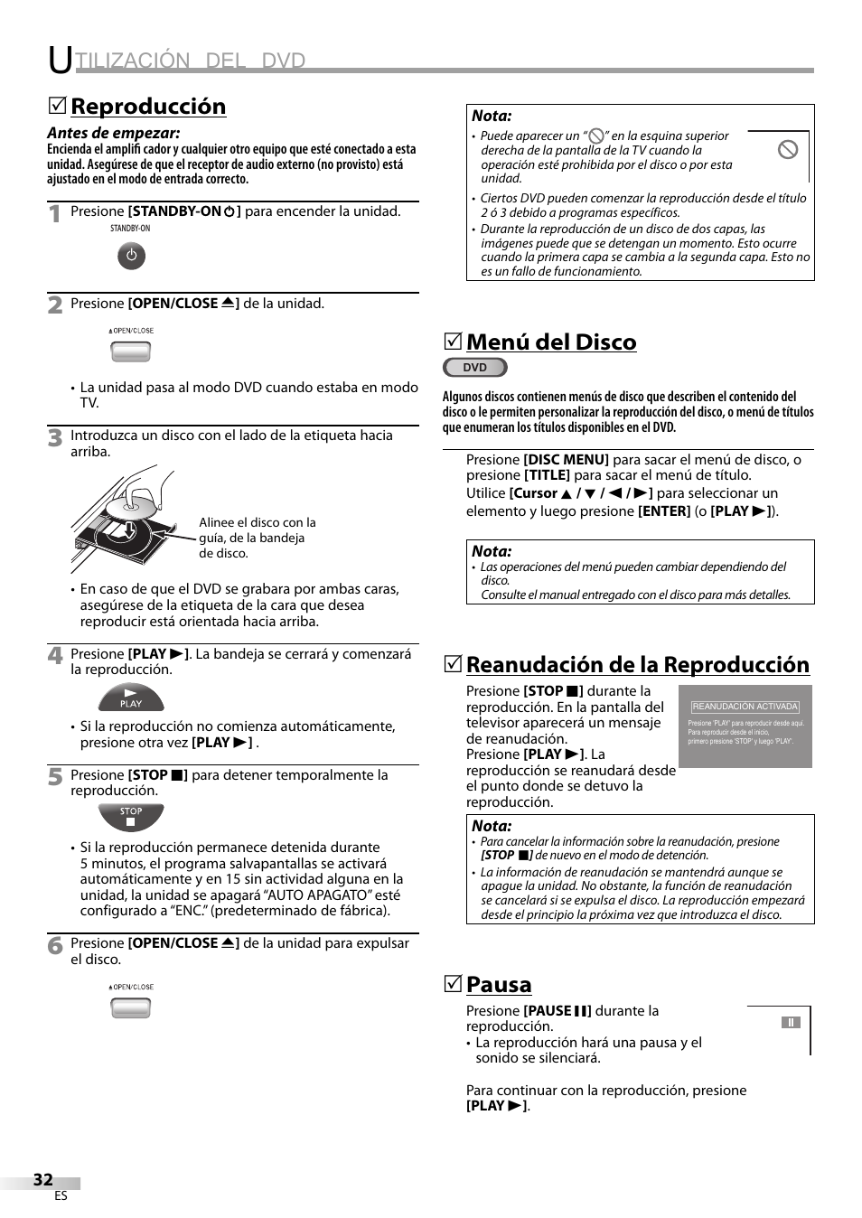 Tilización del dvd, Reproducción, Menú del disco | Reanudación de la reproducción, Pausa | Philips Magnavox CT270MW8 A User Manual | Page 92 / 111