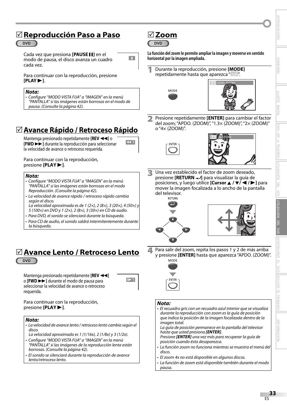 Reproducción paso a paso, Avance rápido / retroceso rápido, Avance lento / retroceso lento | 5zoom | Philips Magnavox CT270MW8 A User Manual | Page 93 / 111