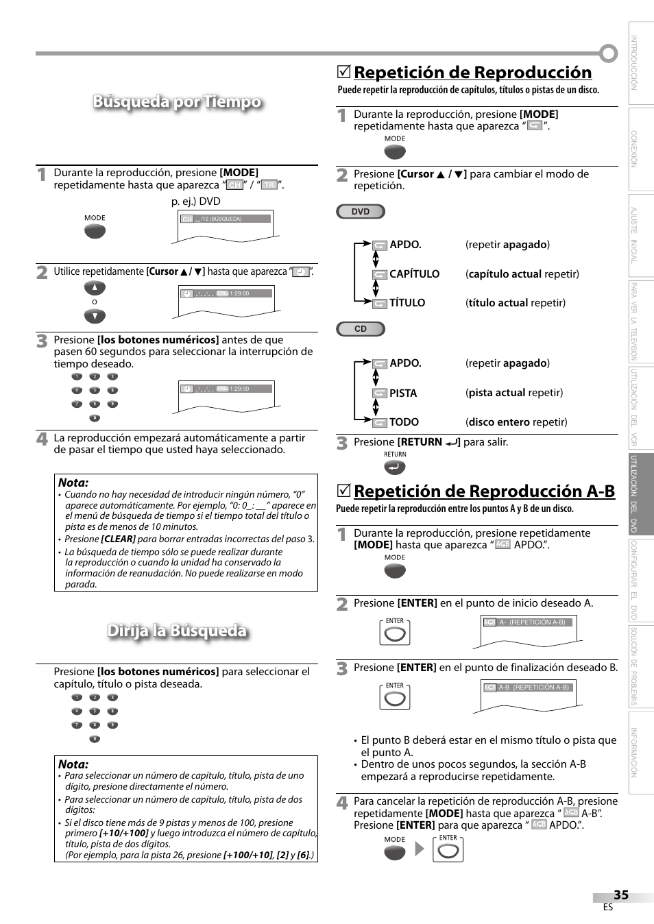 Búsqueda por tiempo, Dirija la búsqueda, Repetición de reproducción | Repetición de reproducción a-b | Philips Magnavox CT270MW8 A User Manual | Page 95 / 111