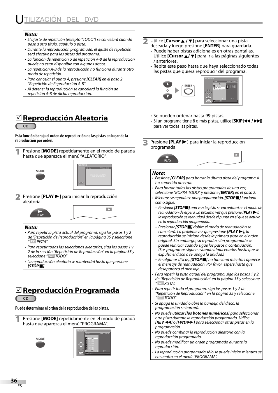 Tilización del dvd, Reproducción aleatoria, Reproducción programada | Nota | Philips Magnavox CT270MW8 A User Manual | Page 96 / 111
