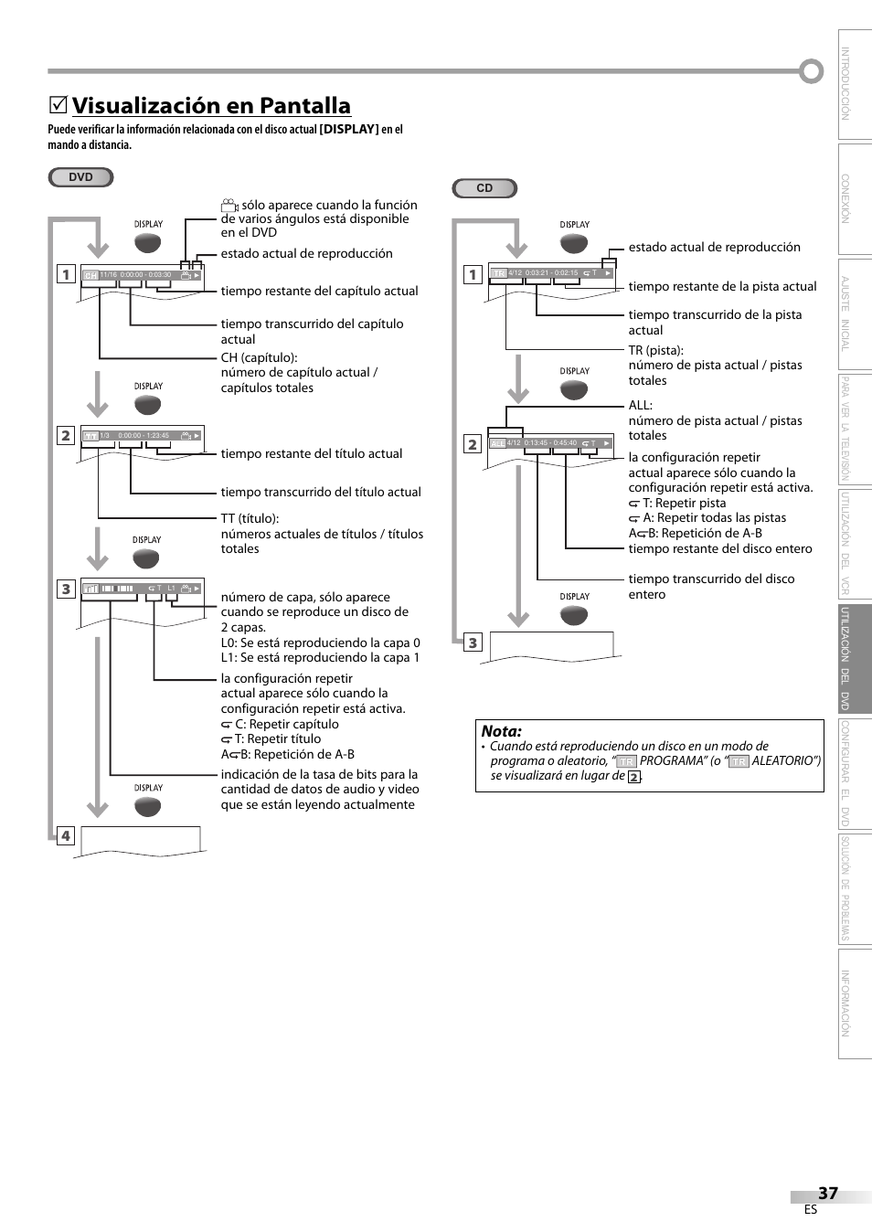 Visualización en pantalla, Nota | Philips Magnavox CT270MW8 A User Manual | Page 97 / 111