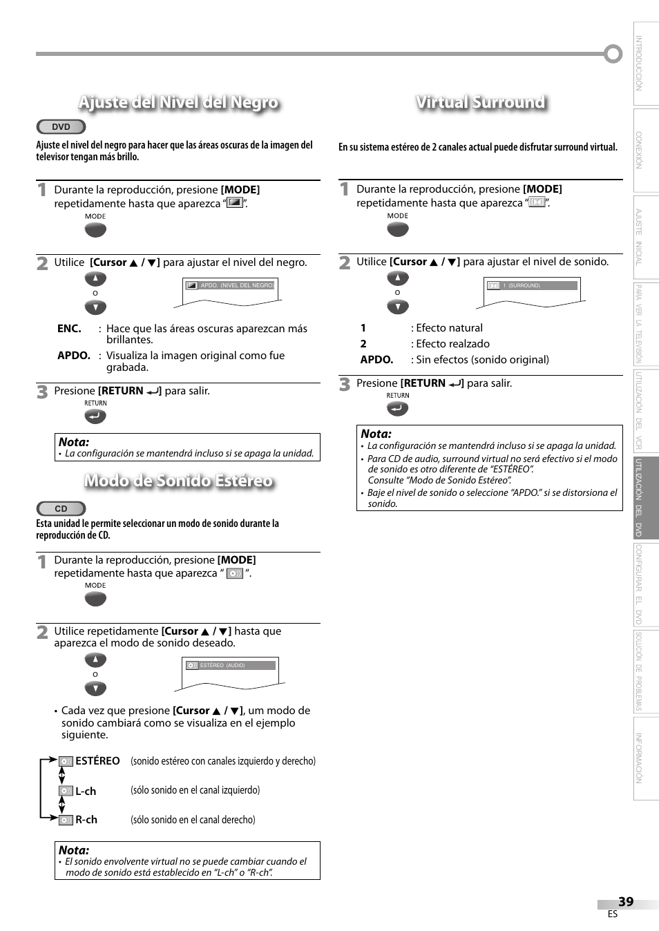 Ajuste del nivel del negro, Modo de sonido estéreo, Virtual surround | Philips Magnavox CT270MW8 A User Manual | Page 99 / 111