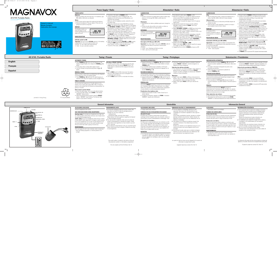 Philips Magnavox AE 6745 User Manual | 2 pages