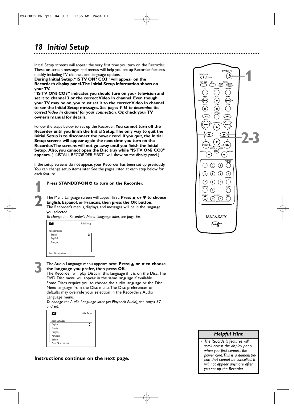 18 initial setup | Philips Magnavox MRV700VR User Manual | Page 18 / 90