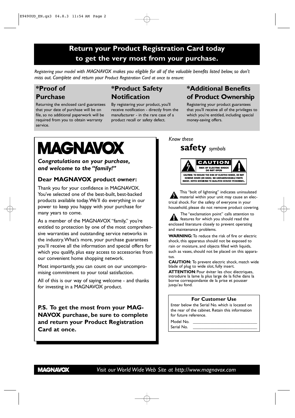 Safety, Proof of purchase, Product safety notification | Additional benefits of product ownership | Philips Magnavox MRV700VR User Manual | Page 2 / 90