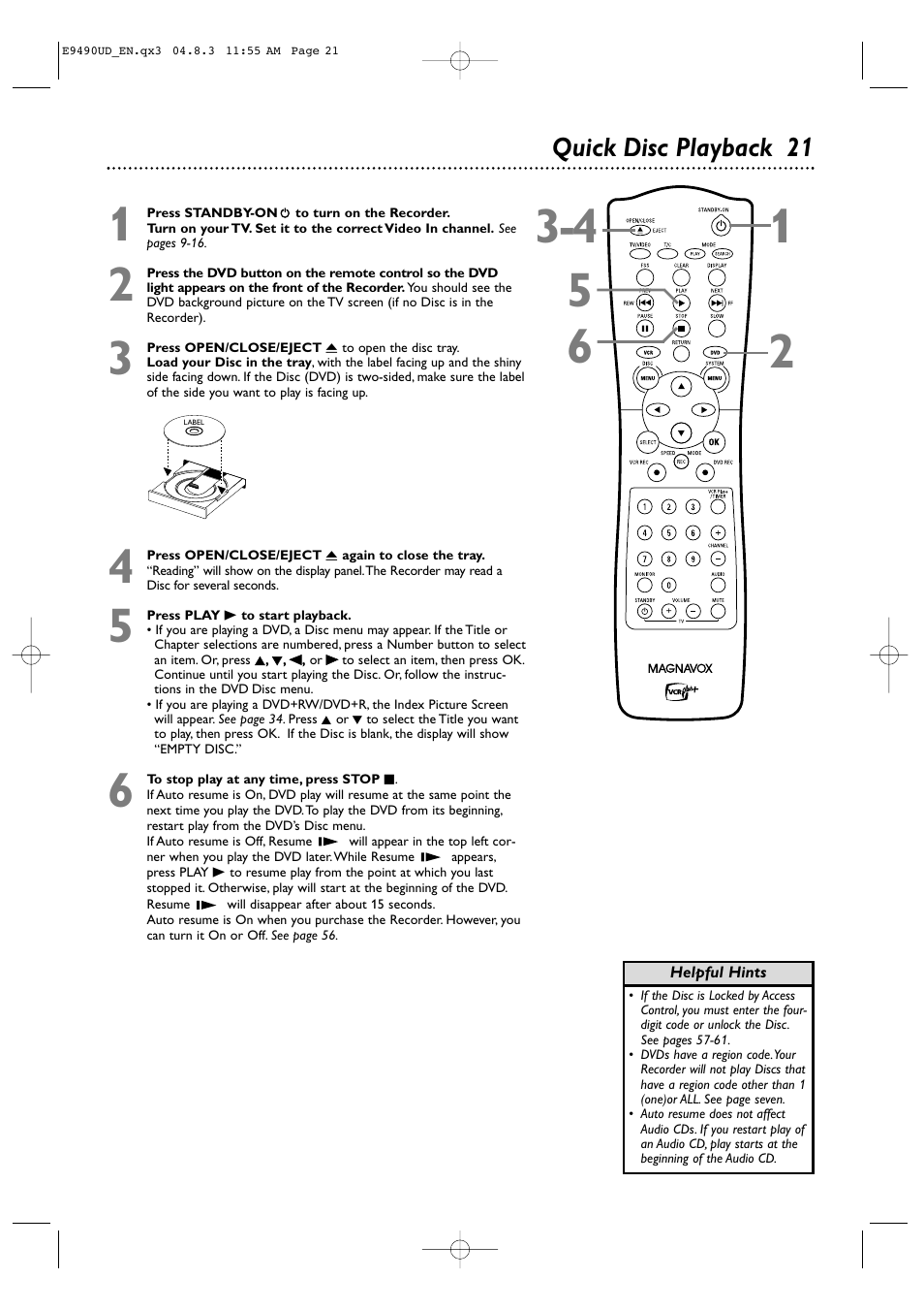 Quick disc playback 21 | Philips Magnavox MRV700VR User Manual | Page 21 / 90