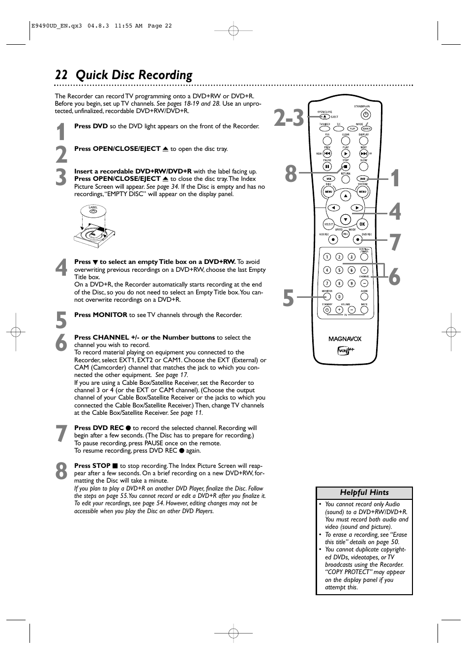 22 quick disc recording | Philips Magnavox MRV700VR User Manual | Page 22 / 90