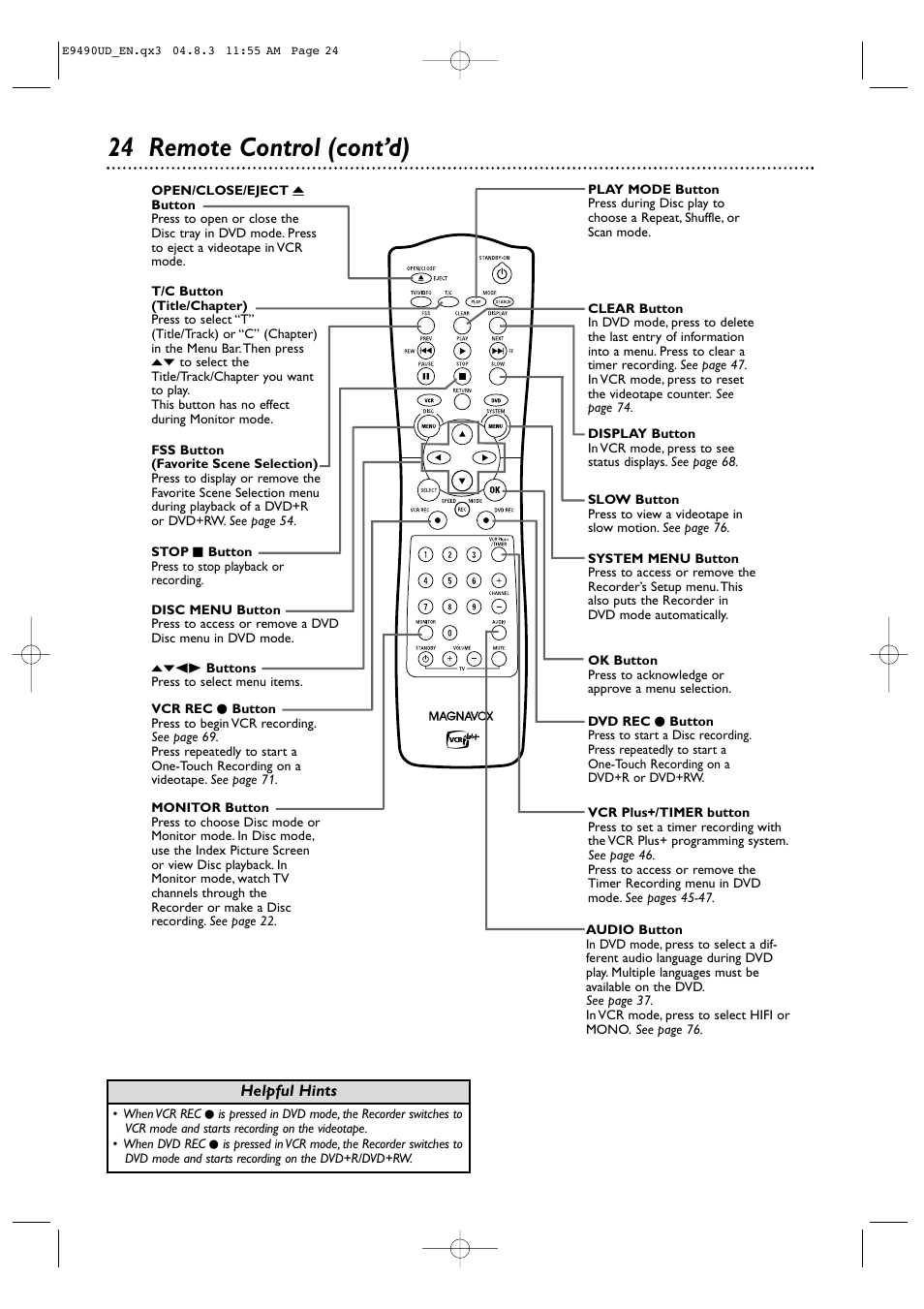 24 remote control (cont’d) | Philips Magnavox MRV700VR User Manual | Page 24 / 90