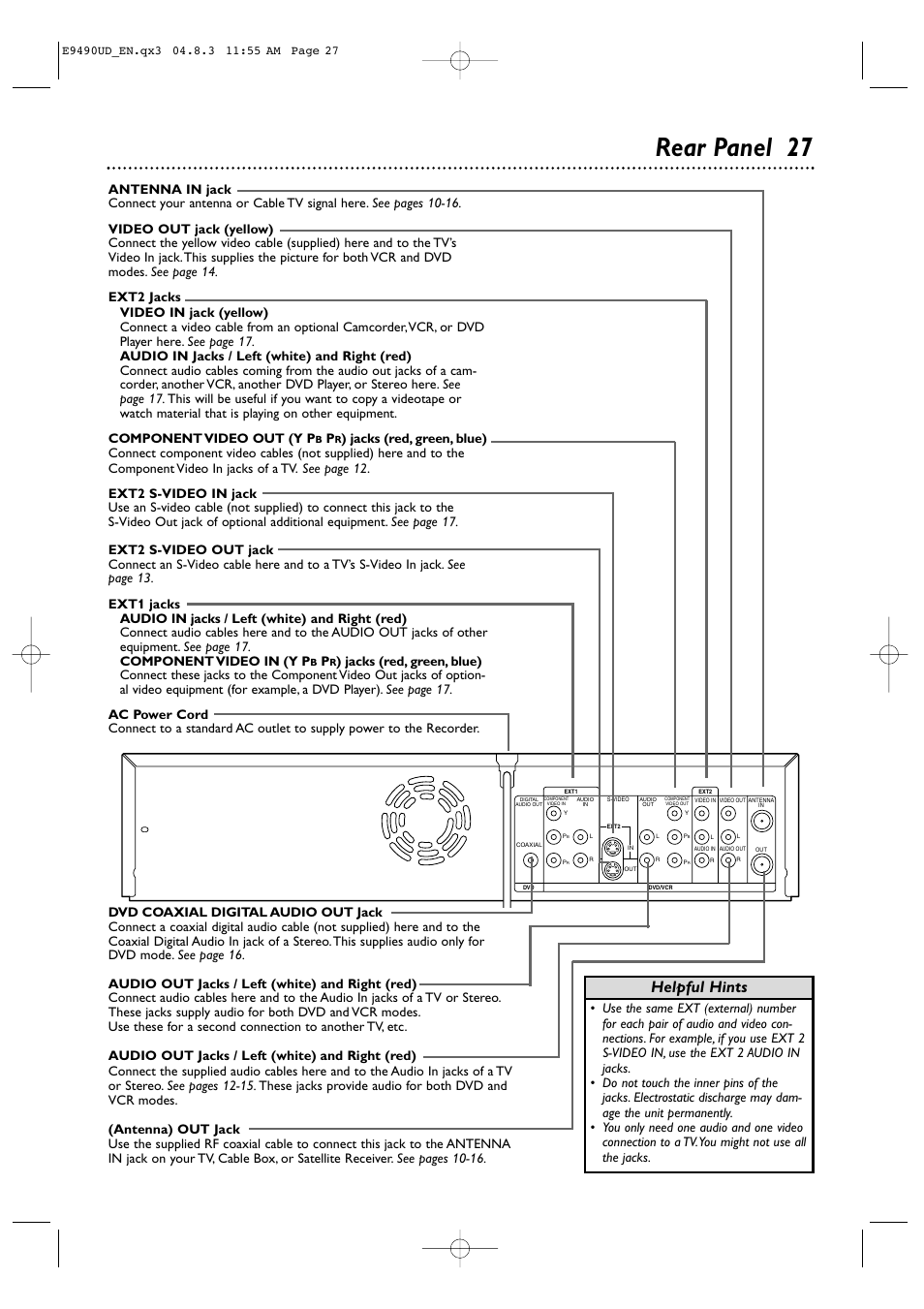 Rear panel 27, Helpful hints | Philips Magnavox MRV700VR User Manual | Page 27 / 90