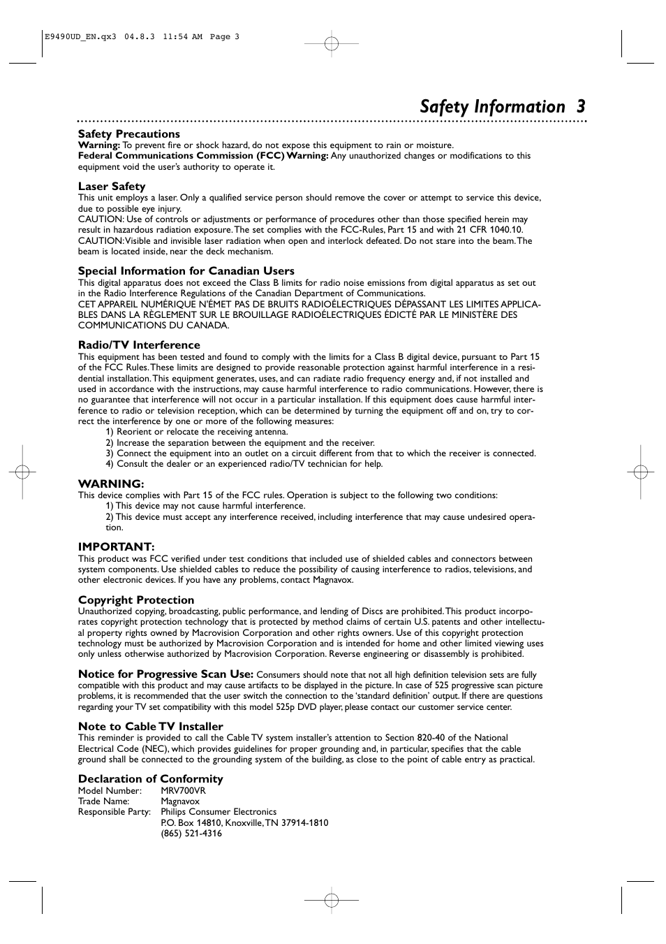 Safety information 3 | Philips Magnavox MRV700VR User Manual | Page 3 / 90