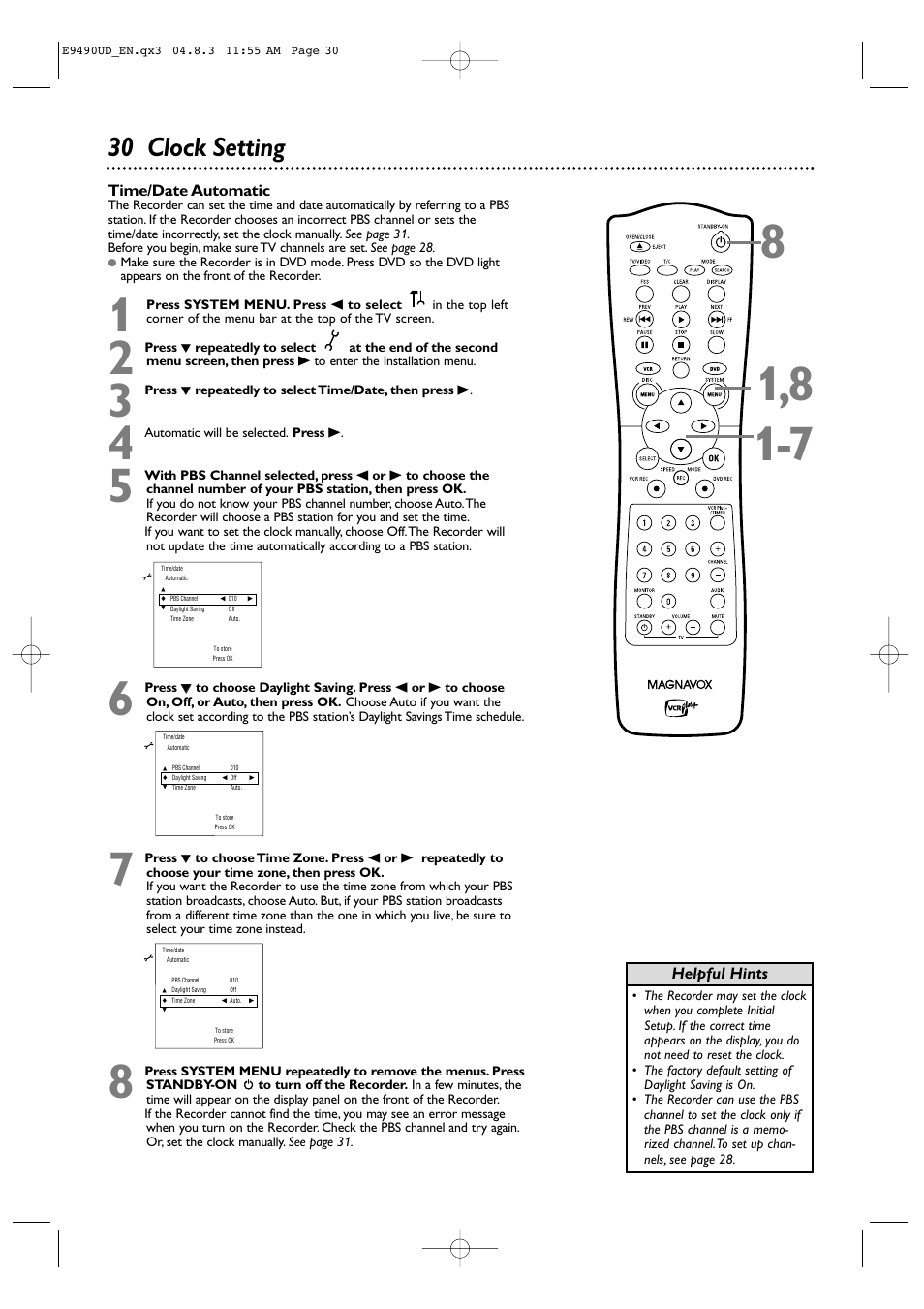 30 clock setting | Philips Magnavox MRV700VR User Manual | Page 30 / 90