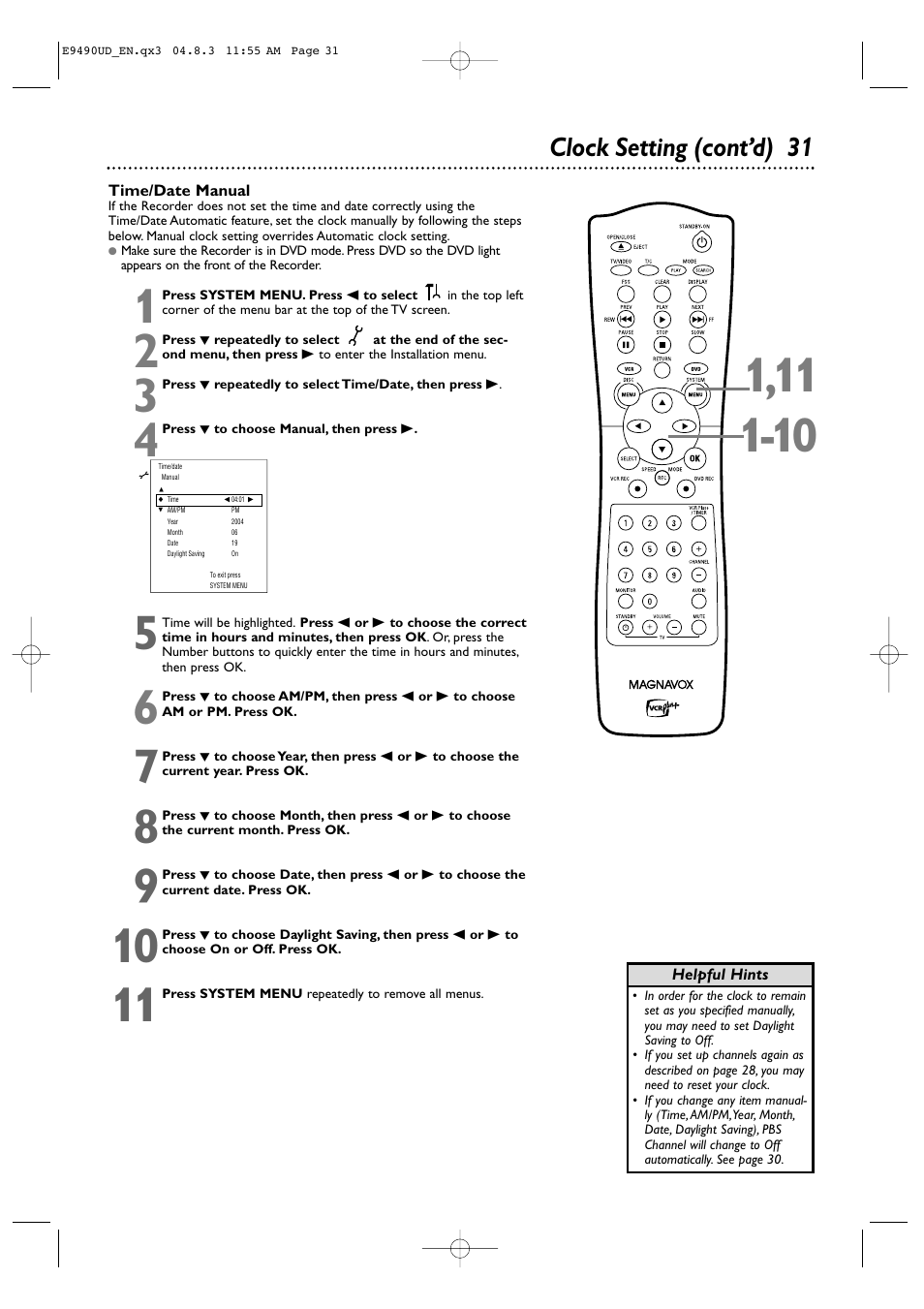 Clock setting (cont’d) 31 | Philips Magnavox MRV700VR User Manual | Page 31 / 90