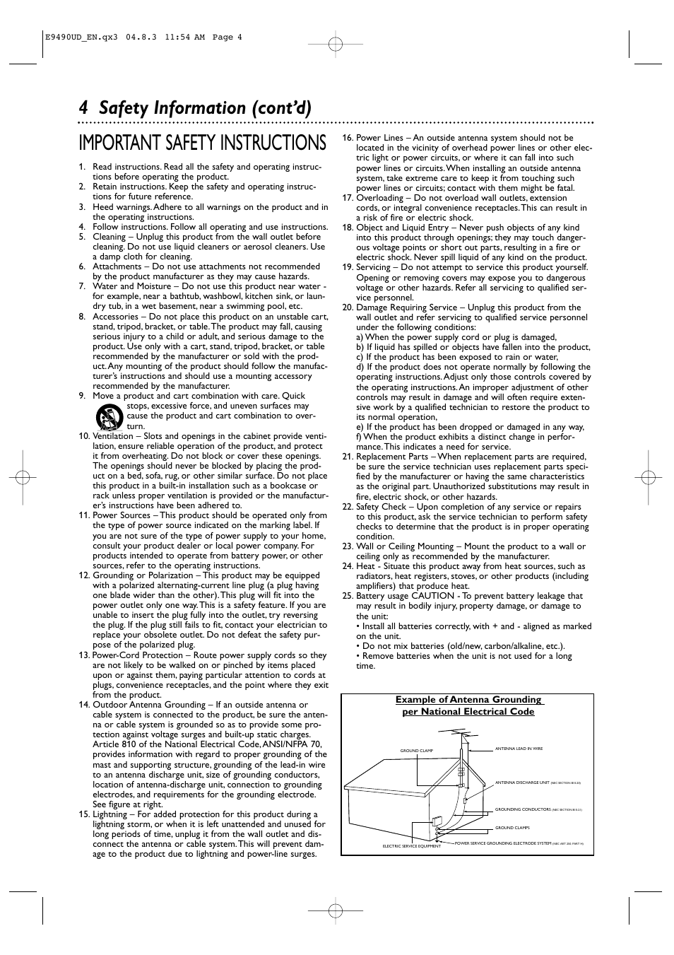 Important safety instructions, 4 safety information (cont’d) | Philips Magnavox MRV700VR User Manual | Page 4 / 90