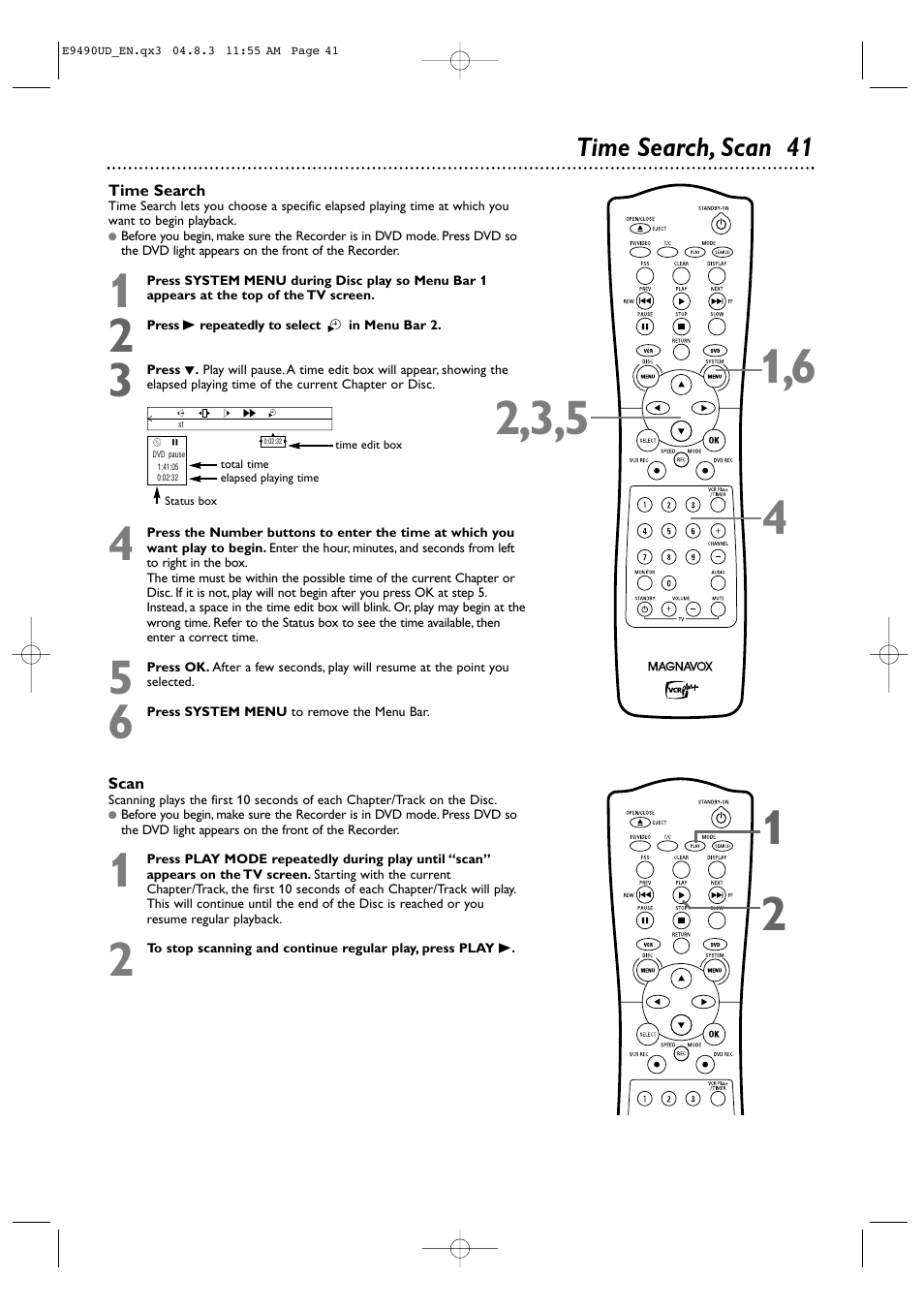 Time search, scan 41 | Philips Magnavox MRV700VR User Manual | Page 41 / 90