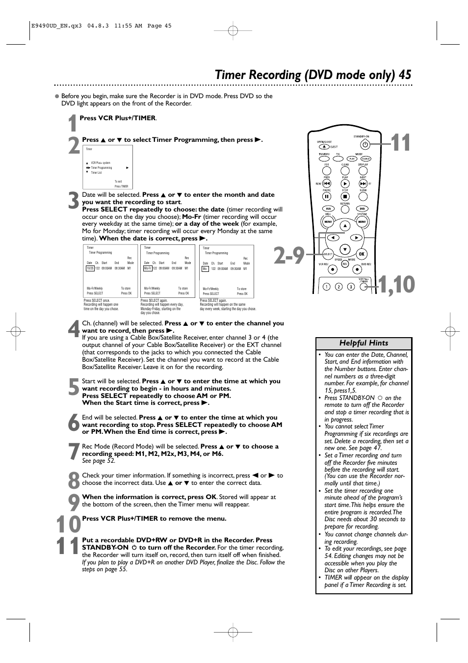 Timer recording (dvd mode only) 45 | Philips Magnavox MRV700VR User Manual | Page 45 / 90