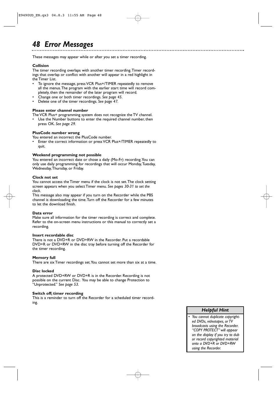 48 error messages | Philips Magnavox MRV700VR User Manual | Page 48 / 90