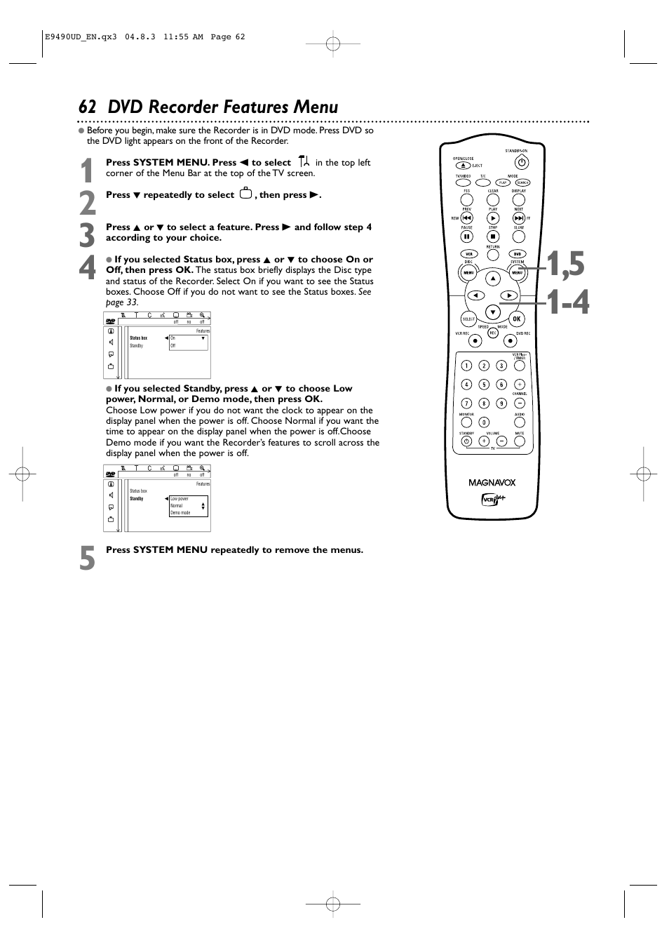 62 dvd recorder features menu | Philips Magnavox MRV700VR User Manual | Page 62 / 90