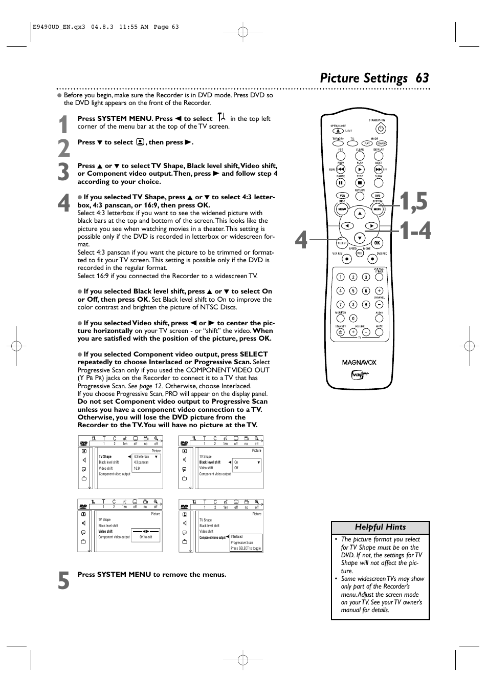 Picture settings 63, Helpful hints | Philips Magnavox MRV700VR User Manual | Page 63 / 90