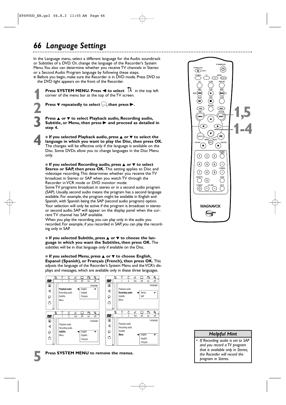 66 language settings, Helpful hint | Philips Magnavox MRV700VR User Manual | Page 66 / 90