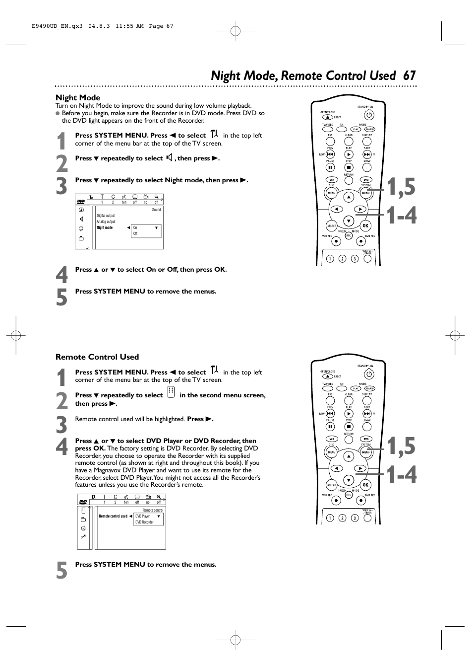 Night mode, remote control used 67 | Philips Magnavox MRV700VR User Manual | Page 67 / 90