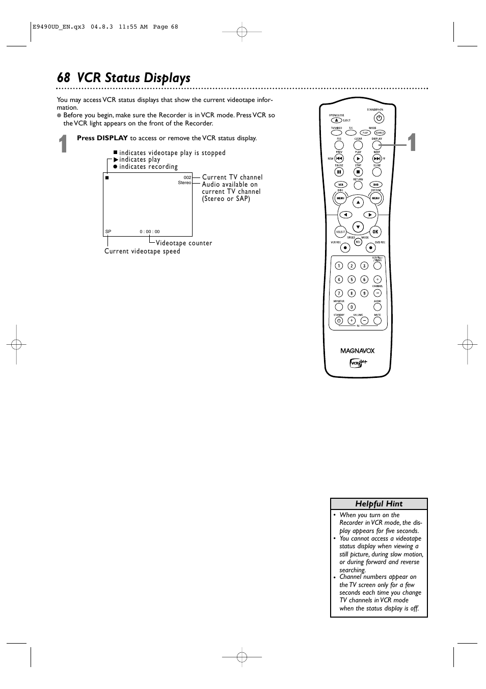 68 vcr status displays | Philips Magnavox MRV700VR User Manual | Page 68 / 90