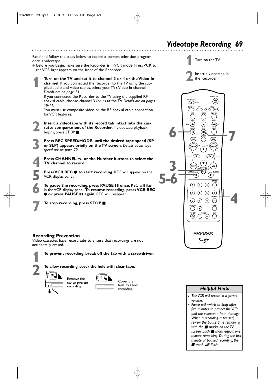 Videotape recording 69 | Philips Magnavox MRV700VR User Manual | Page 69 / 90