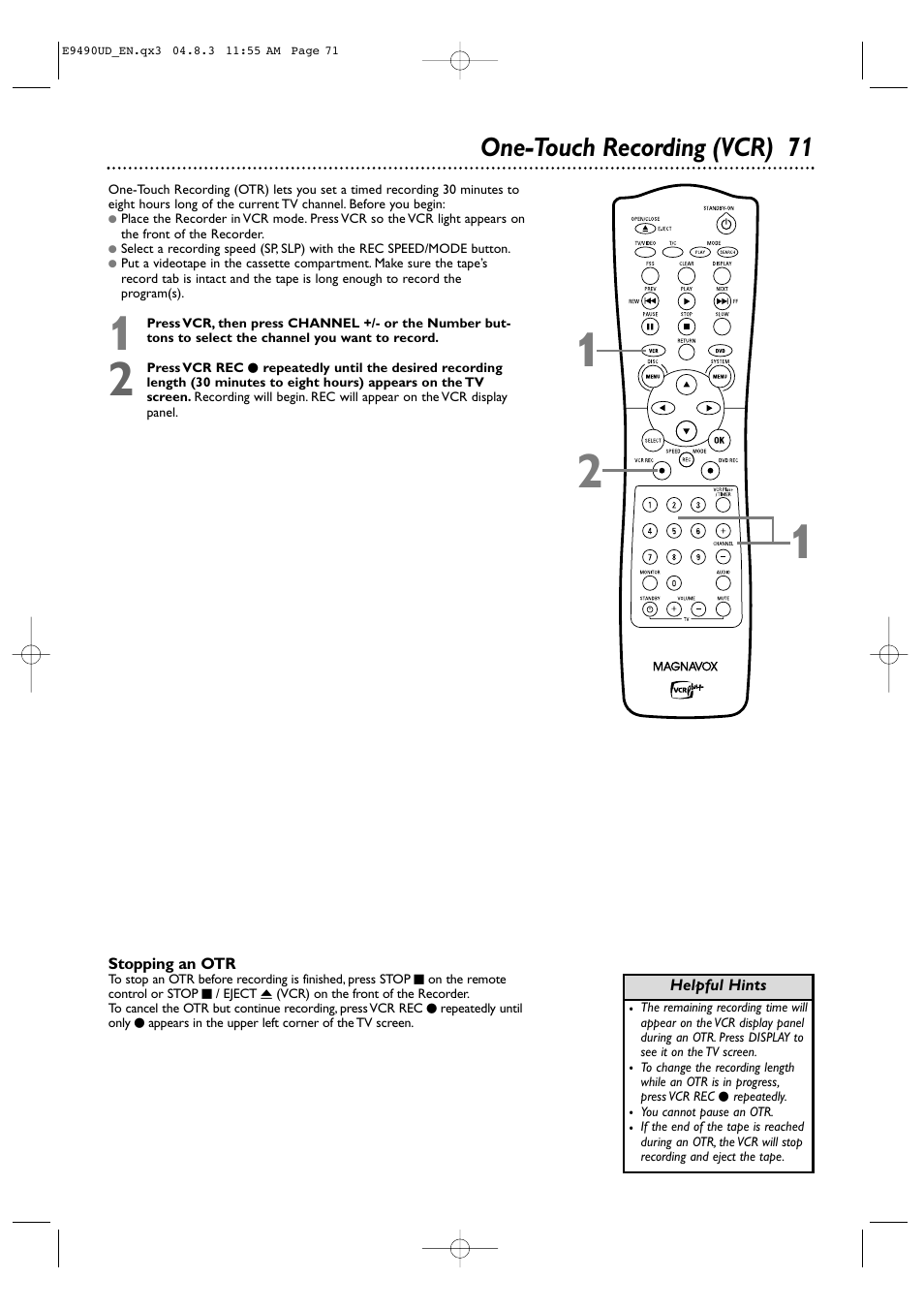 One-touch recording (vcr) 71 | Philips Magnavox MRV700VR User Manual | Page 71 / 90