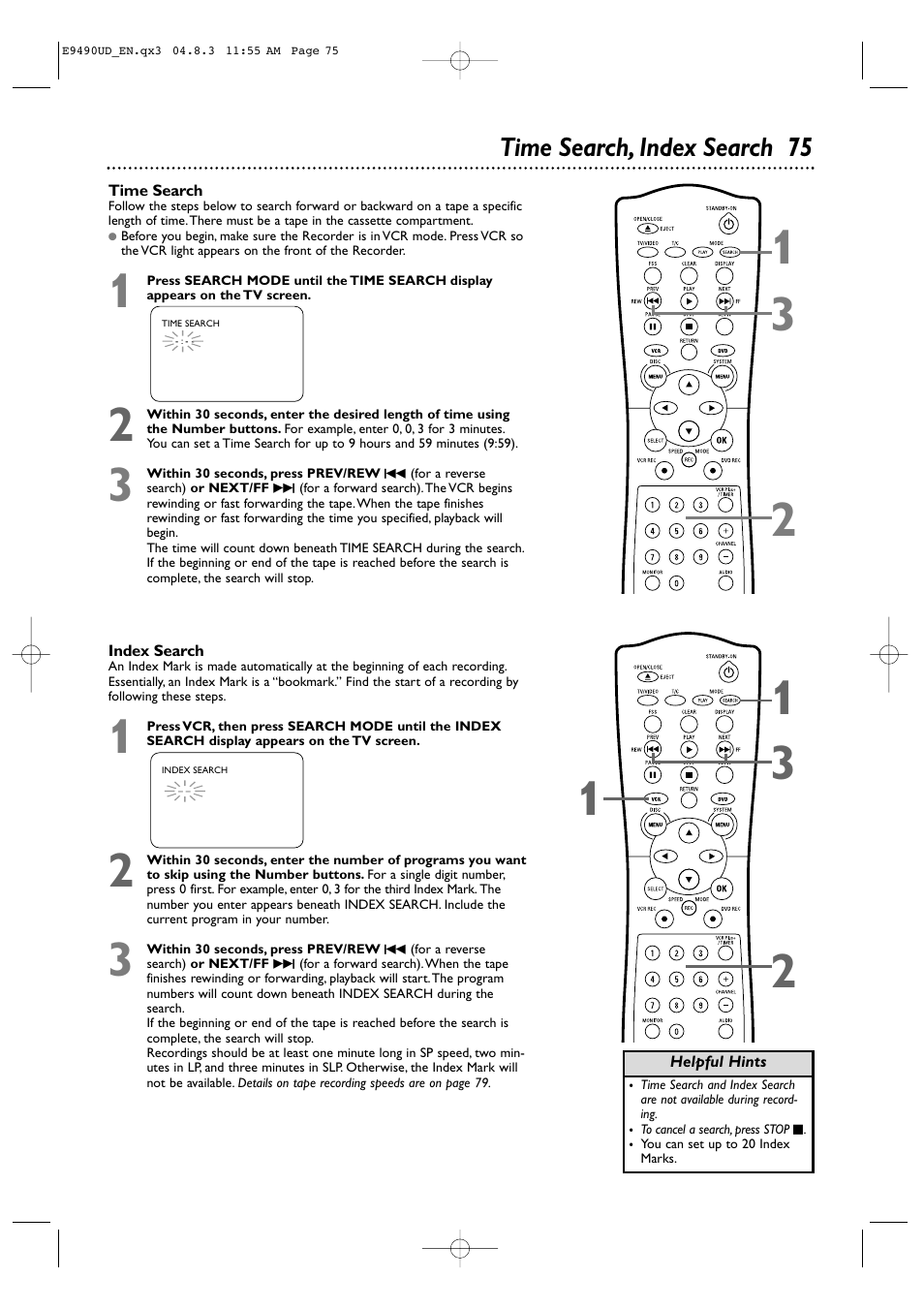 Time search, index search 75 | Philips Magnavox MRV700VR User Manual | Page 75 / 90