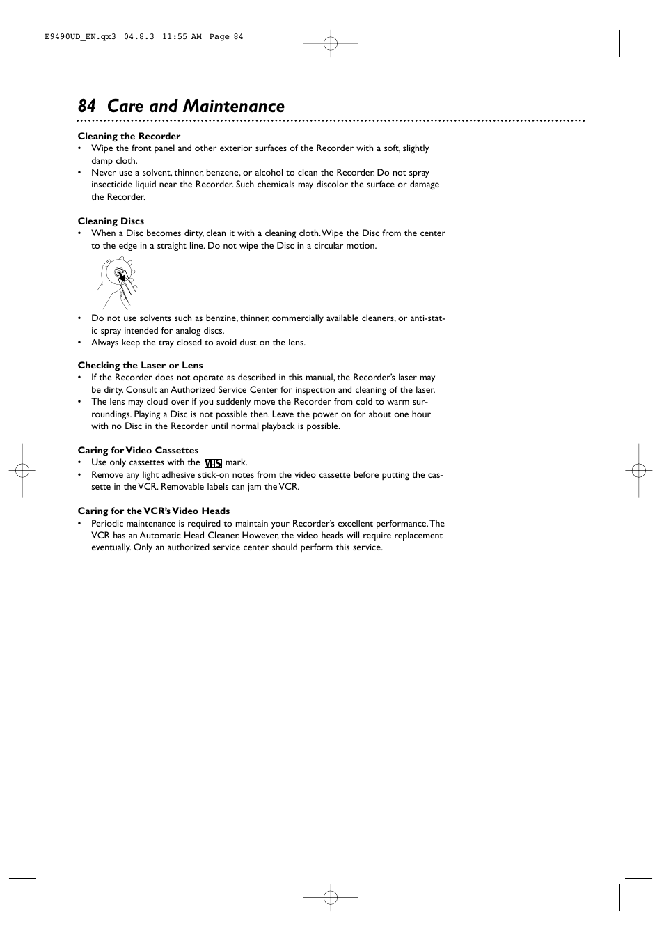 84 care and maintenance | Philips Magnavox MRV700VR User Manual | Page 84 / 90