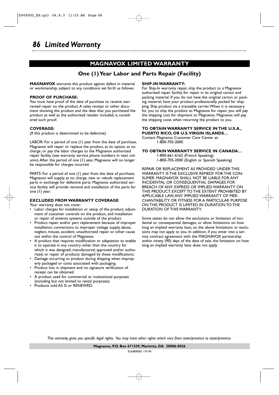 86 limited warranty | Philips Magnavox MRV700VR User Manual | Page 86 / 90