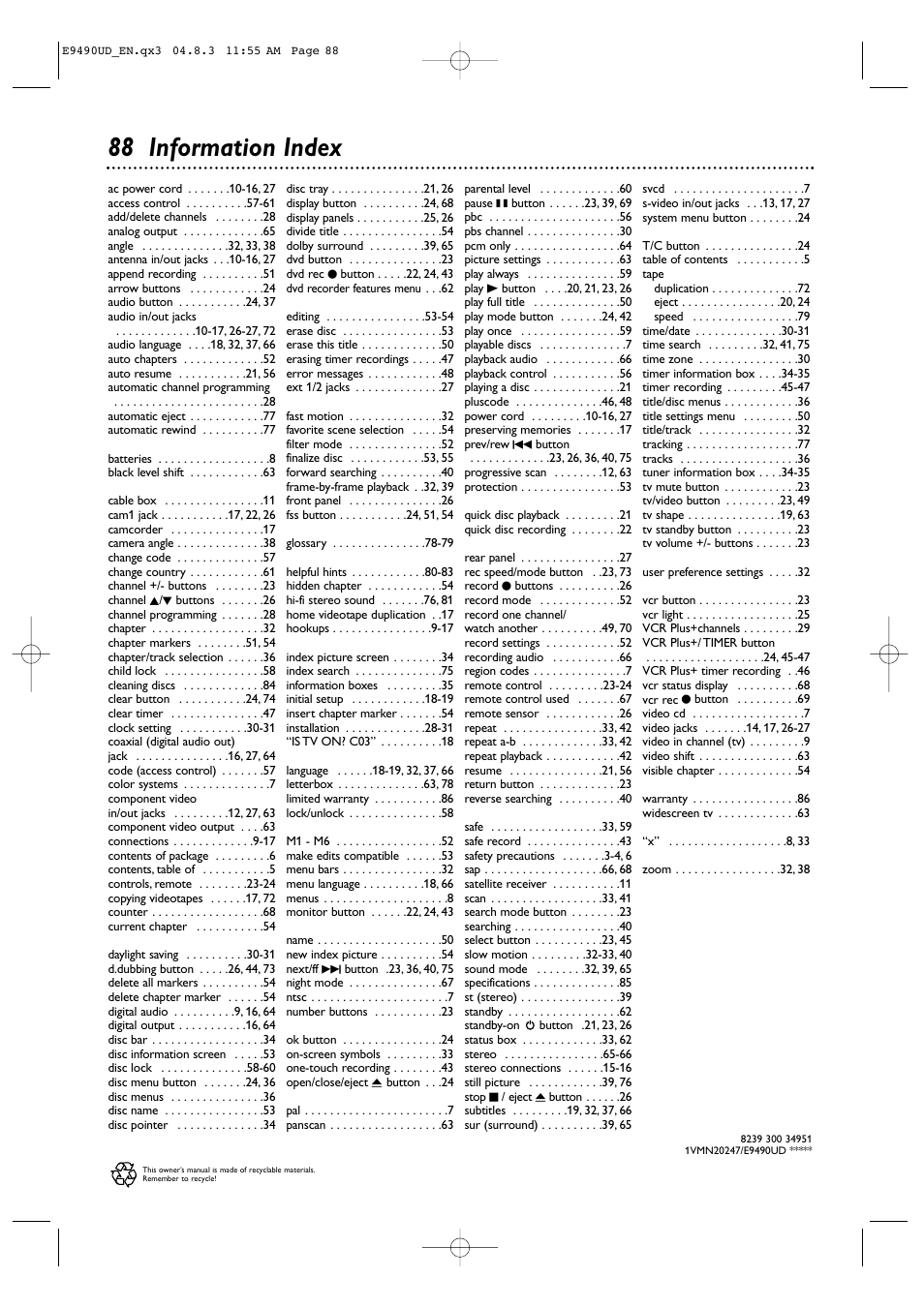 88 information index | Philips Magnavox MRV700VR User Manual | Page 88 / 90