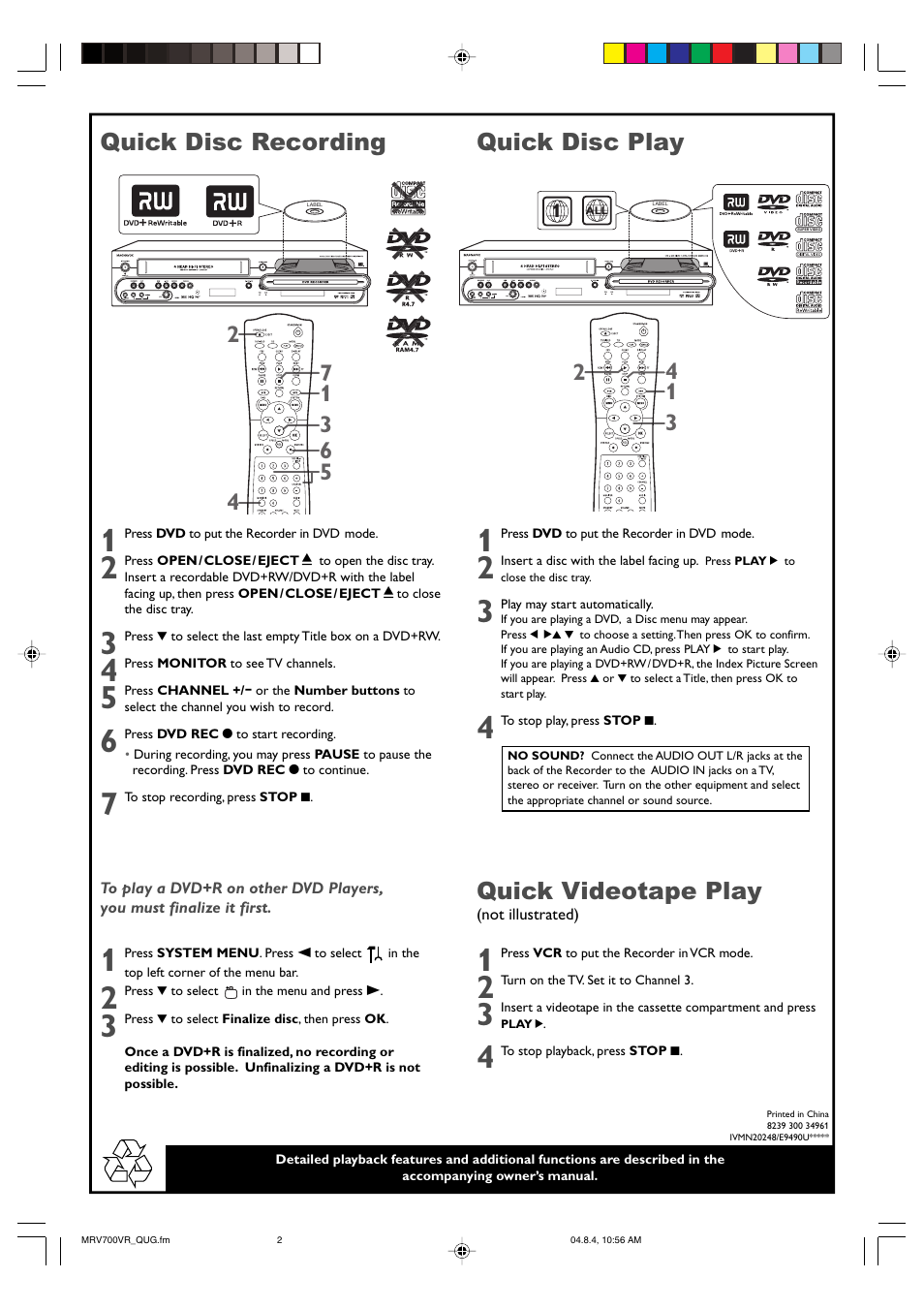 Quick disc recording quick disc play, Quick videotape play | Philips Magnavox MRV700VR User Manual | Page 90 / 90