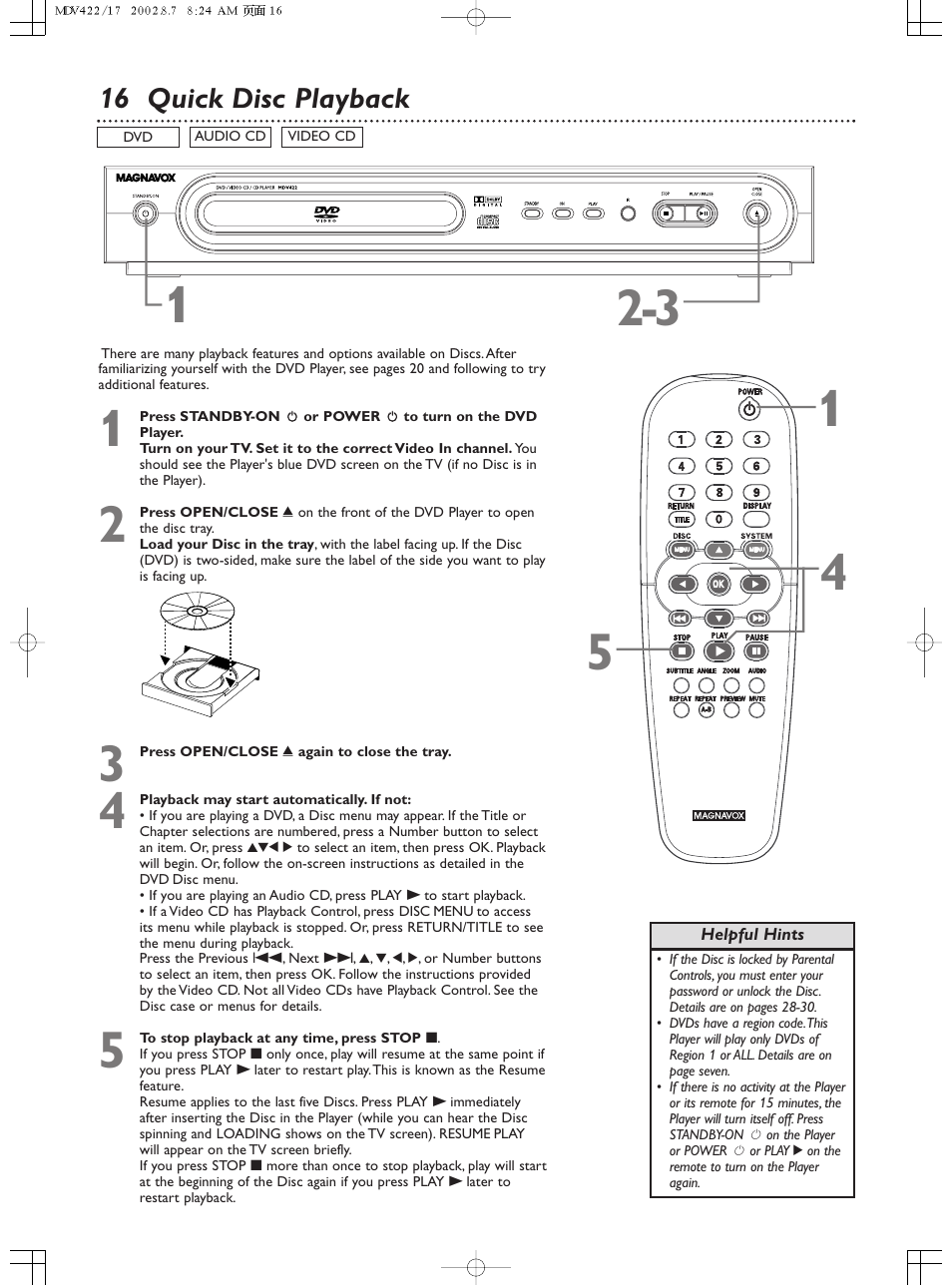 16 quick disc playback | Philips Magnavox MDV422 User Manual | Page 16 / 51