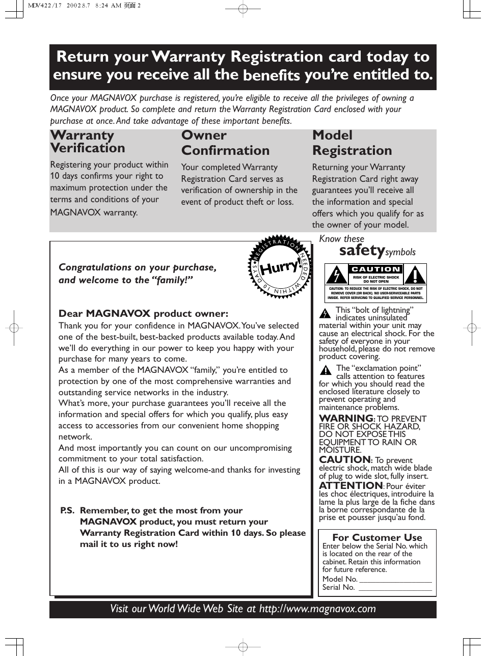 Safety, Hurry, Warranty verification | Owner confirmation, Model registration, For customer use, Know these, Symbols, Warning, Caution | Philips Magnavox MDV422 User Manual | Page 2 / 51