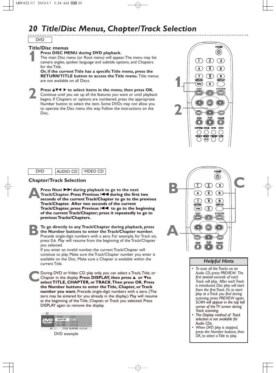 21 b c a, 20 title/disc menus, chapter/track selection | Philips Magnavox MDV422 User Manual | Page 20 / 51
