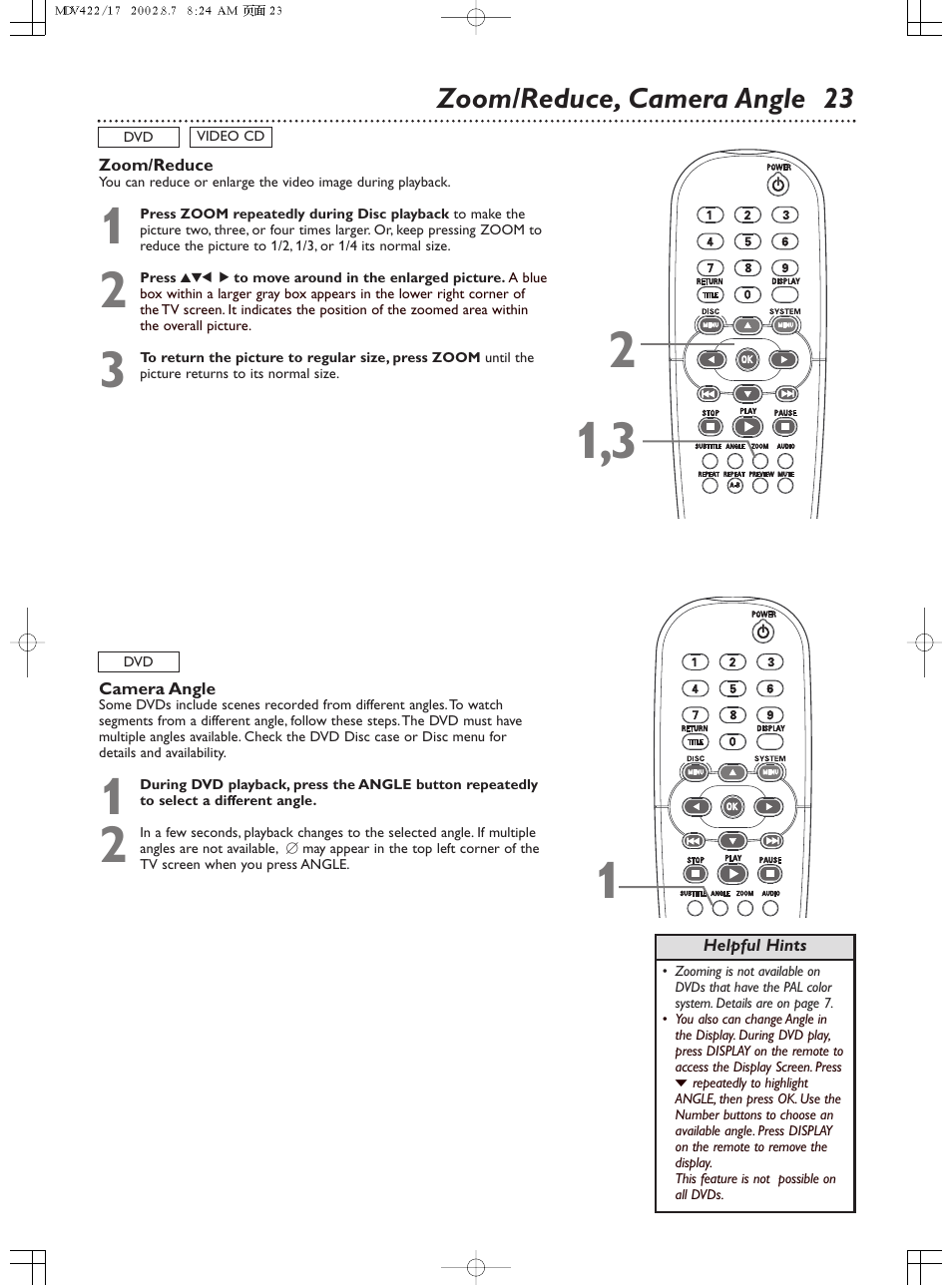 Zoom/reduce, camera angle 23 | Philips Magnavox MDV422 User Manual | Page 23 / 51