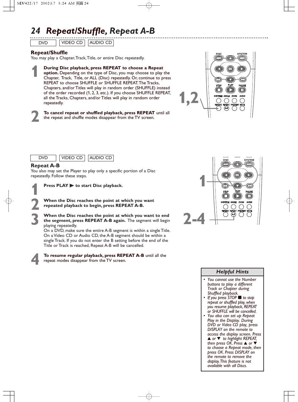 24 repeat/shuffle , repeat a-b | Philips Magnavox MDV422 User Manual | Page 24 / 51