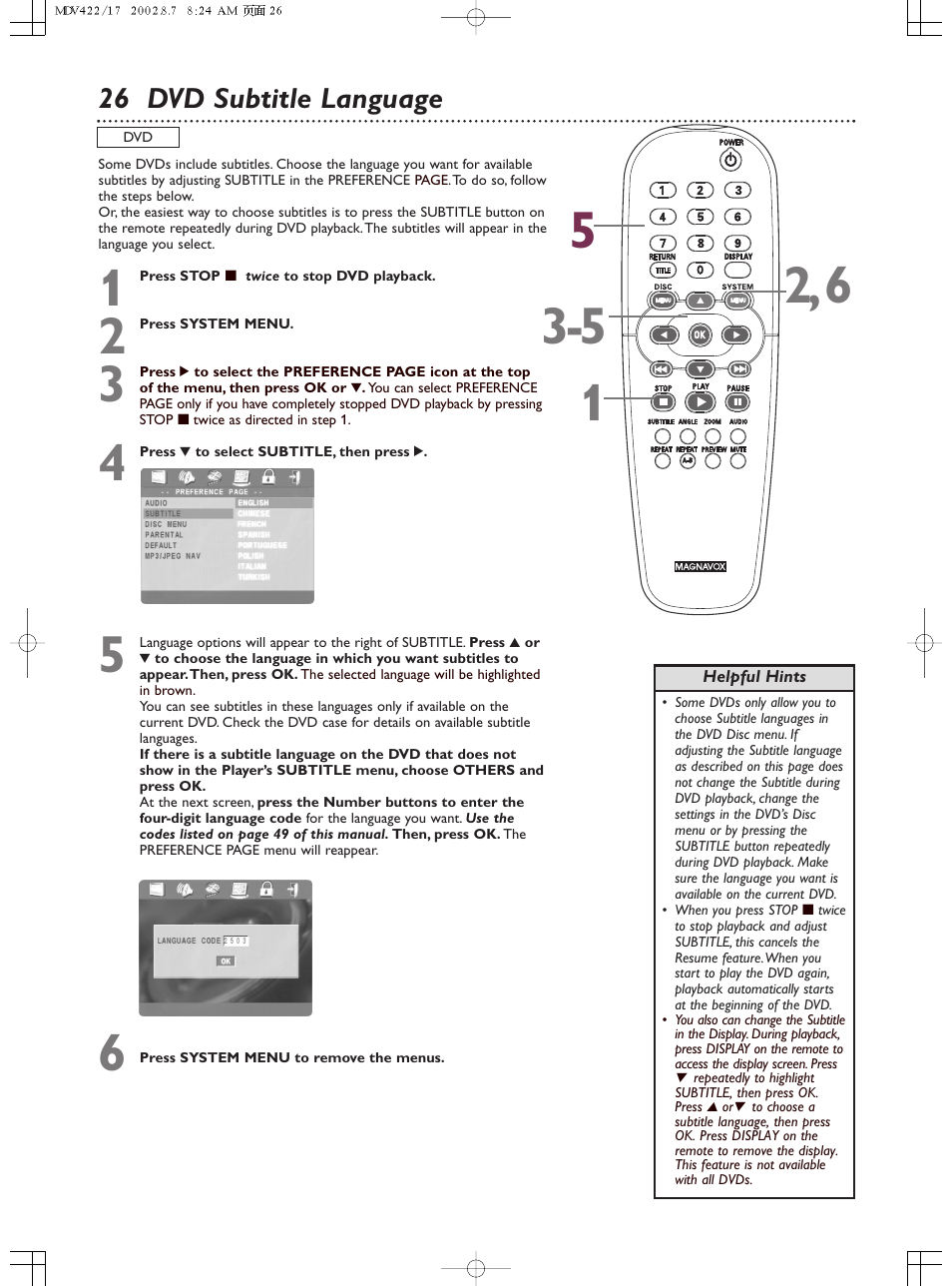 26 dvd subtitle language | Philips Magnavox MDV422 User Manual | Page 26 / 51