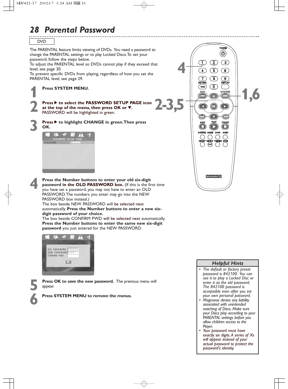 28 parental password | Philips Magnavox MDV422 User Manual | Page 28 / 51