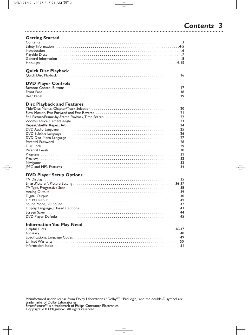 Contents 3 | Philips Magnavox MDV422 User Manual | Page 3 / 51